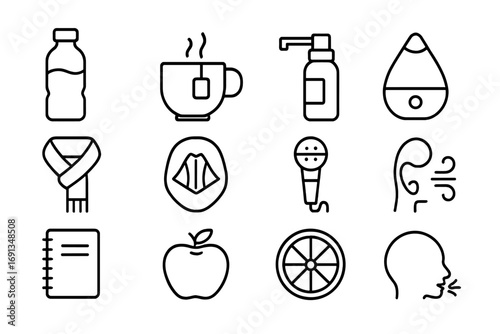Vocal Health Essentials Icons. Outline icon set of vocal health essentials: water bottle, tea mug, throat