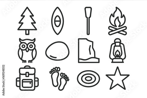 Forest Adventure Icons. Outline icon set of forest river expeditions: pine tree, kayak, paddle, campfire, owl,