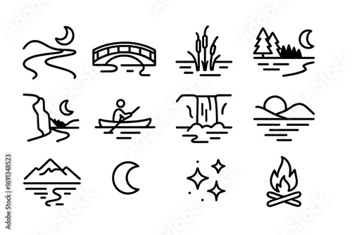Night River Icon Set. Outline icon set of river landscapes at night: winding river, bridge, reeds, forest
