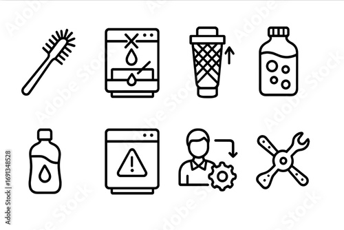 Dishwasher Maintenance Icons. Outline icon set of dishwasher maintenance: cleaning brush, descaling, filter replacement, water
