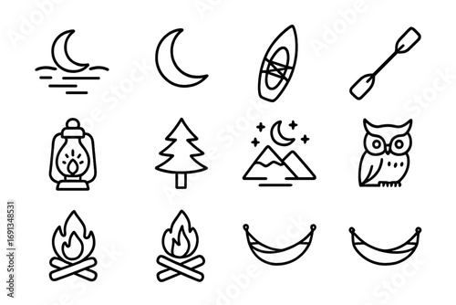 Moonlight Adventure Icons. Outline icon set of serene moonlight adventures: calm lake, crescent moon, kayak,