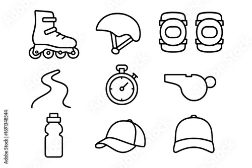 Outdoor Skating Icons. Outline icon set of outdoor skating: rollerblades, helmet, knee pads, path, stopwatch,