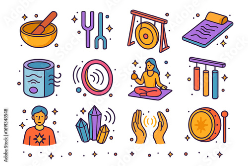 Colorful Sound Healing Icons. Colorful isometric vector icons set of healing with sound: Tibetan singing bowl, tuning forks, gong,
