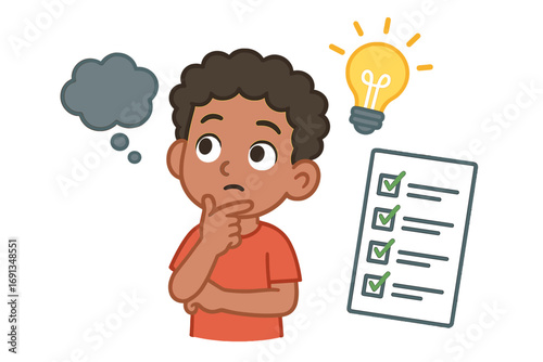 Child thinking, problem-solving and creativity concept. From confused thought to a bright idea and solution. Boy with light bulb and checklist for success and learning.