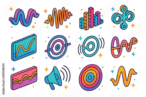 Colorful Sound Frequency Icons. Colorful isometric vector icons set of sound frequencies: low bass wave, high-pitched wave,