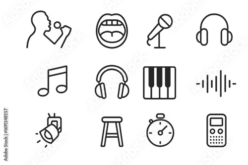 Improvisation Exercise Icons. Outline icon set of improvisation exercises: singer silhouette, open mouth,
