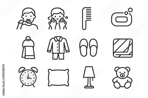 Holiday Bedtime Icons. Outline icon set of holiday bedtime rituals: brushing teeth, washing face, comb, soap,