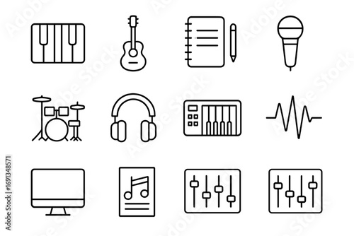 Music Studio Icons. Outline icon set of music composition in studio: piano keys, guitar, notebook, pencil,