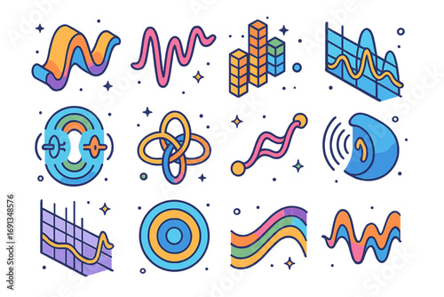 Colorful Sound Frequency Icons. Colorful isometric vector icons set of sound frequencies: low bass wave, high-pitched wave,
