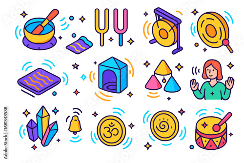 Colorful Sound Healing Icons. Colorful isometric vector icons set of healing with sound: Tibetan singing bowl, tuning forks, gong,