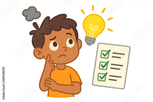 Child thinking concept with confusion cloud and lightbulb idea. Boy problem-solving and finding a solution. Creativity, learning, and critical thinking with a checklist.