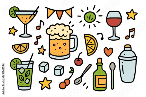 Doodle cocktail party icon set for happy hour and recipes. Hand-drawn vector cartoon illustrations of drinks like beer, wine, and mojito. Bar elements collection.