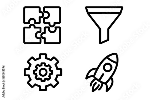 Business process icon set. Concepts for startup launch, data analytics, marketing sales funnel, project strategy, solutions, operations, and rapid growth. Puzzle, gear, rocket.