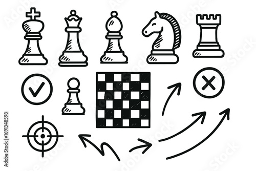 Hand drawn chess doodle set with king, queen, knight. Business strategy and tactics metaphor. Vector icons for game, competition, success, and planning. Checkmate concept.