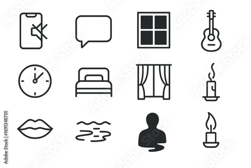 Silence After Love Icons. Outline icon set of silence after love: muted phone, empty message bubble, dark