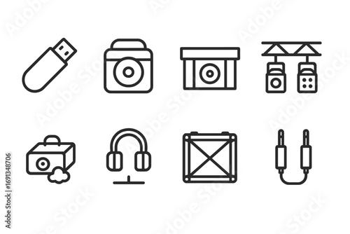 DJ Accessories Icons. Outline icon set of DJ accessories: USB stick, record bag, DJ booth, lighting, fog machine, headphones stand