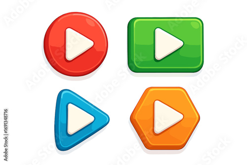 Colorful 3D play buttons set. Cartoon vector icons in various shapes for game UI, web, or app. Start media player symbol collection. Isolated on white background.