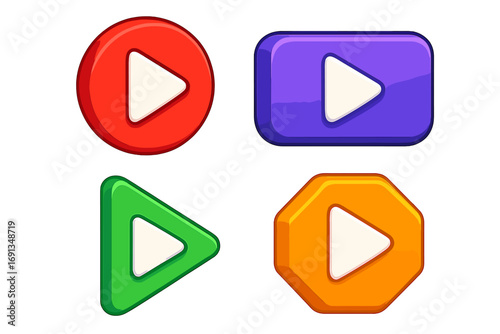 Colorful 3d play button set. Vector cartoon illustration of glossy media player icons in various shapes. Start, next, and play symbols for web, app, or game UI/UX design.
