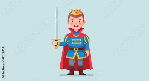 Happy Cartoon Prince Character with Crown and Sword.