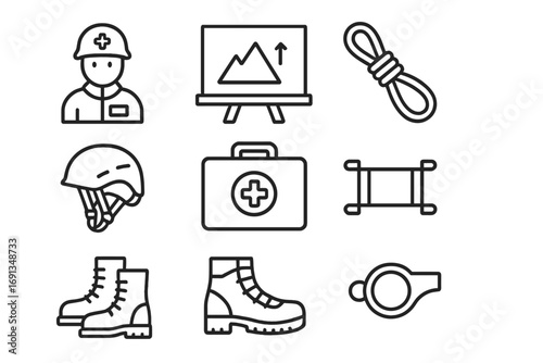 Mountain Rescue Icons. Outline icon set of training for mountain rescue: rescue worker, chalkboard, rope,