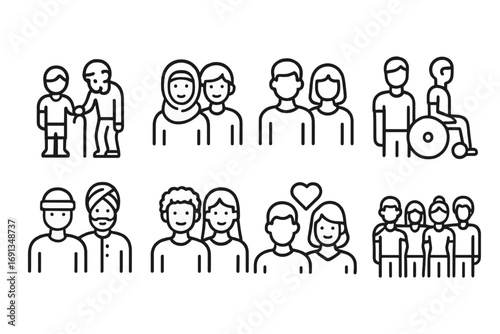 Diverse Unity Icons. Outline icon set of together diversity: different ages, cultures, genders, abilities, clothing styles,