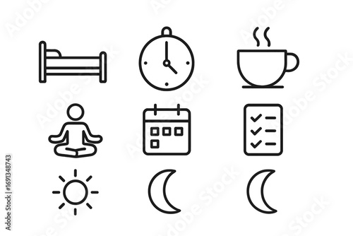 Balanced Life Icons. Outline icon set of balanced work and rest: bed, clock, tea cup, yoga pose, calendar,