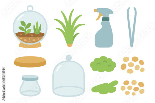 Colorful Terrarium Essentials. Flat vector mini-illustrations Terrarium showcase in colors children's illustrations: glass globe