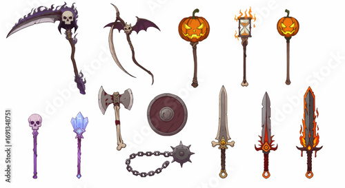 A collection of fantasy weapons and implements, including scythes, maces, swords, and axes, some with Halloween themes, all isolated on a white background.