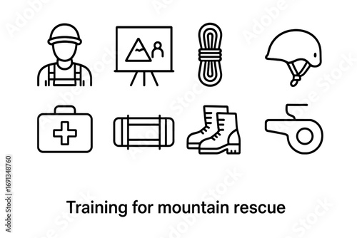Mountain Rescue Icons. Outline icon set of training for mountain rescue: rescue worker, chalkboard, rope,