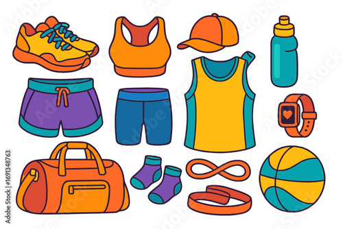 Sportswear accessories icon collection. Fitness clothes and gym equipment set. Vector sport shoes, shorts, bra, bottle, bag, smartwatch, basketball. Cartoon workout sticker pack.