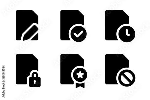 Document Status Icons. Solid, filled icon set of document status: draft, reviewed, approved, rejected, pending, signed,