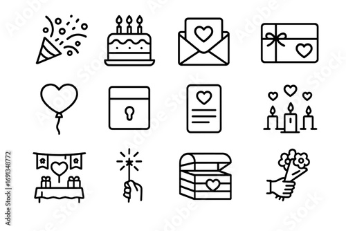 Romantic Surprise Icon Set. Outline icon set of romantic surprises: confetti popper, surprise cake, hidden