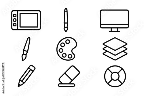 Digital Art Tools. Outline icon set of digital illustration: pen tablet, stylus, monitor, brush, palette,