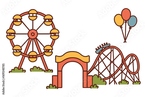 Amusement park icon set with ferris wheel, roller coaster, and balloons. Funfair or carnival attraction vector illustrations. Flat cartoon design elements for festival fun.
