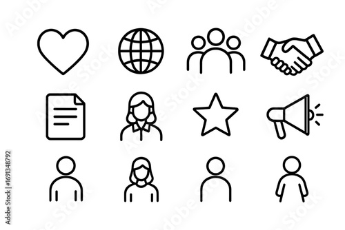Women in Social Enterprise Icons. Outline icon set of women in social enterprises: heart, globe, group of