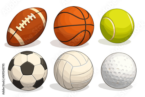 3D sports balls set vector illustration. Realistic cartoon collection of football, basketball, soccer, tennis, volleyball, and golf balls. Sport game equipment icons isolated.