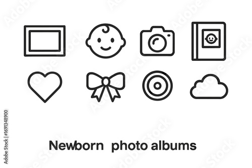 Newborn Album Icons. Outline icon set of newborn photo albums: photo frame, baby face, camera, book, heart,