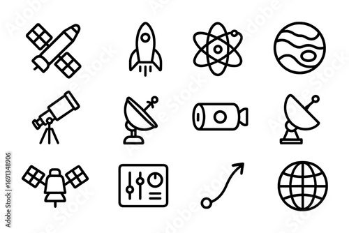 Orbital Systems Icons. Outline icon set of orbital systems: satellite, rocket, orbit ring, planet, telescope,