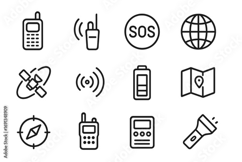 Emergency Satellite Icons. Outline icon set of emergency satellite phones: satellite phone, antenna, SOS icon,