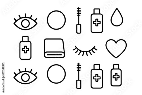 Eye Makeup Removal Icons. Outline icon set of eye makeup removal: eye, cotton pad, mascara wand, droplet,