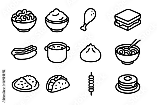 Comfort Food Icons. Outline icon set of favorite comfort foods: mac and cheese bowl, mashed potatoes, fried chicken drumstick,