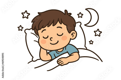 Cute cartoon boy sleeping in bed, having sweet dreams. Child resting at night with moon and stars. Vector illustration for kids bedtime stories or healthy sleep concepts.