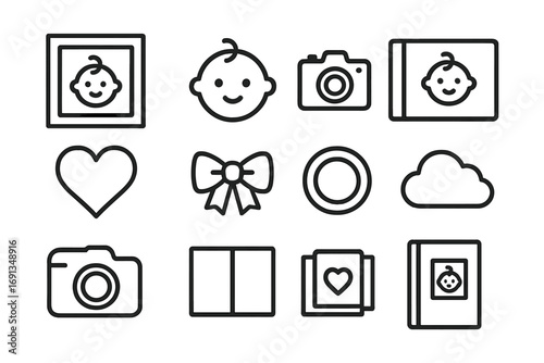Newborn Album Icons. Outline icon set of newborn photo albums: photo frame, baby face, camera, book, heart,