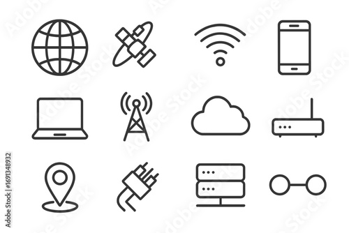 Global Connectivity Icons. Outline icon set of global connectivity: globe, orbit satellite, signal wave,