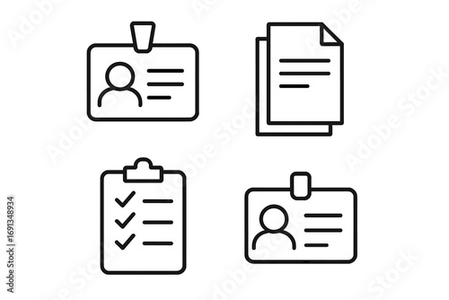 ID card line icon set. Employee badge, personal data documents, clipboard checklist. Vector concept for business identity, staff profile, user account, task management. Editable stroke.