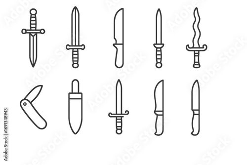 Blades Icon Collection. Outline icon set of collectible blades: dagger, sword, hunting knife, letter opener,