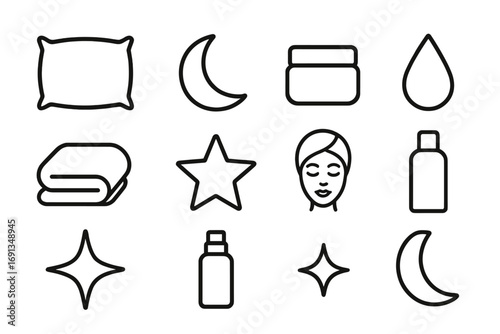 Beauty Sleep Icons. Outline icon set of beauty sleep essentials: pillow, moon, cream jar, droplet, towel, star
