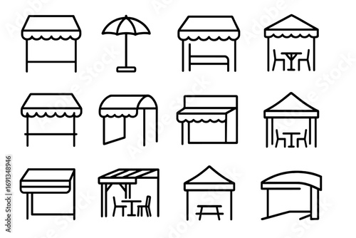 Commercial Shade Icons. Outline icon set of commercial shade canopies: shop awning, sidewalk umbrella, café canopy, outdoor dining