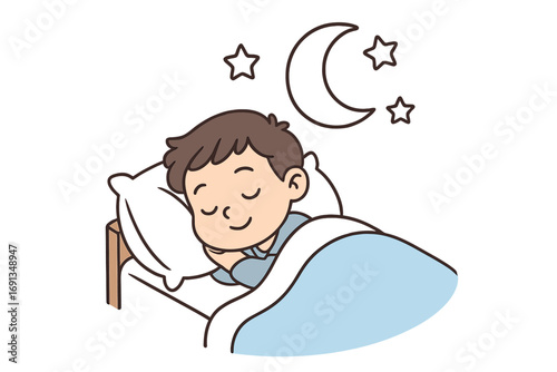 Cute boy sleeping in bed, dreaming peacefully. Child resting at night under the moon and stars. Healthy sleep concept for kids. Vector cartoon illustration for bedtime stories.