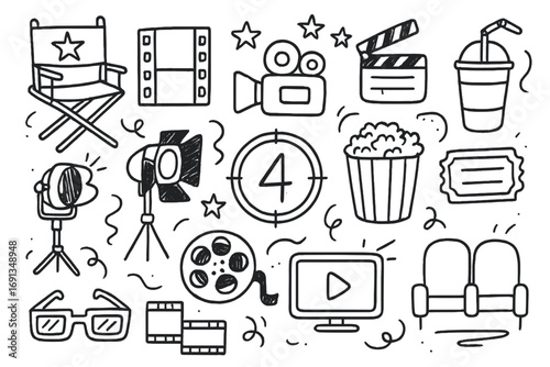 Doodle cinema elements set. Hand drawn movie icons, film symbols collection. Vector cartoon illustration for filmmaking, entertainment. Popcorn, camera, clapperboard sketch.